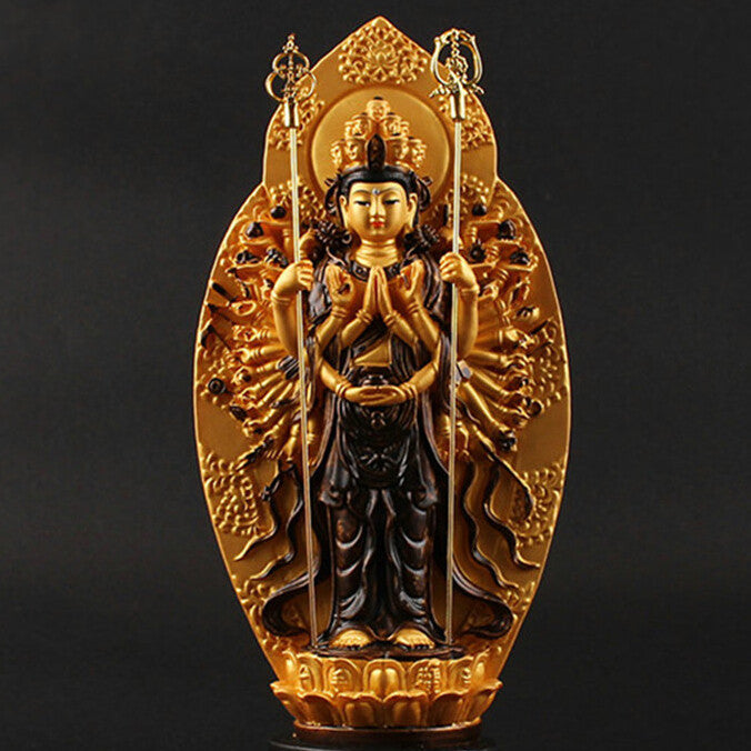 19cm Lucky Buddha Statue Buddhist Thousand-Hand Guan Yin Bodhisattva Figurine