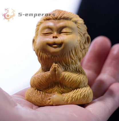 2.3" Boxwood Hand Carved Sun Wukong Monkey King Statue Buddha Sculpture Decor