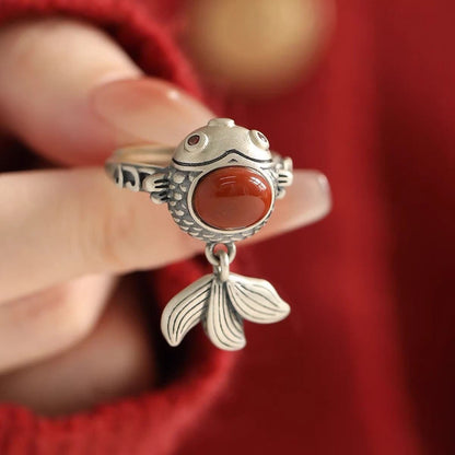 Vintage Chinese Koi Fish Ring Red Agate Adjustable Retro New Chinese Style Band