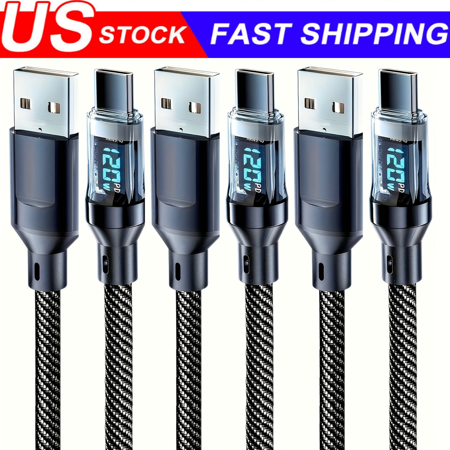 120w Super Fast USB Type-C Charging Braid Phone Charger Lead with Display LOT