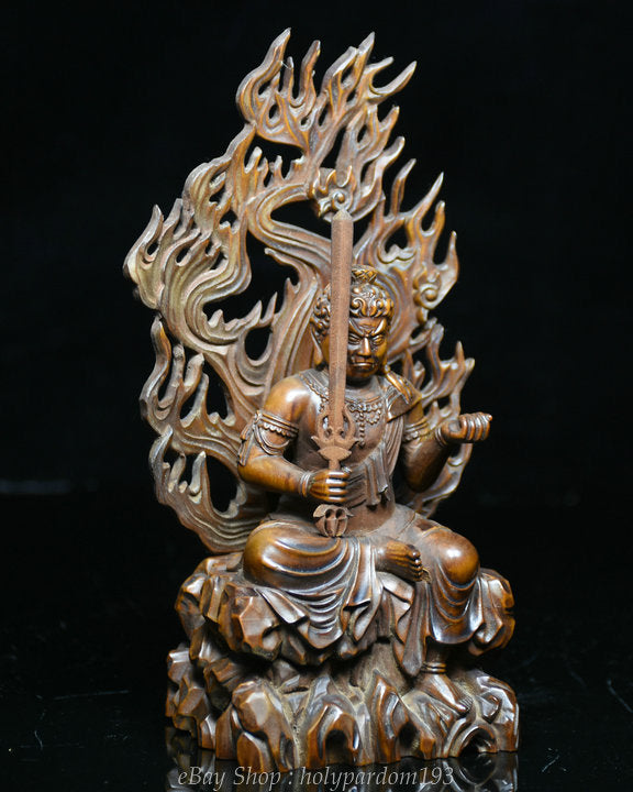 7" Old China Boxwood Wood Carving Japanese Fudo Myo-o Acalanatha Sword Statue