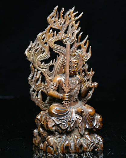7" Old China Boxwood Wood Carving Japanese Fudo Myo-o Acalanatha Sword Statue