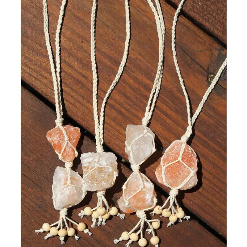 Wind Chimes Macrame Rose Quartz Himalayan Salt Car Home Hanging Decor 13 15 18cm