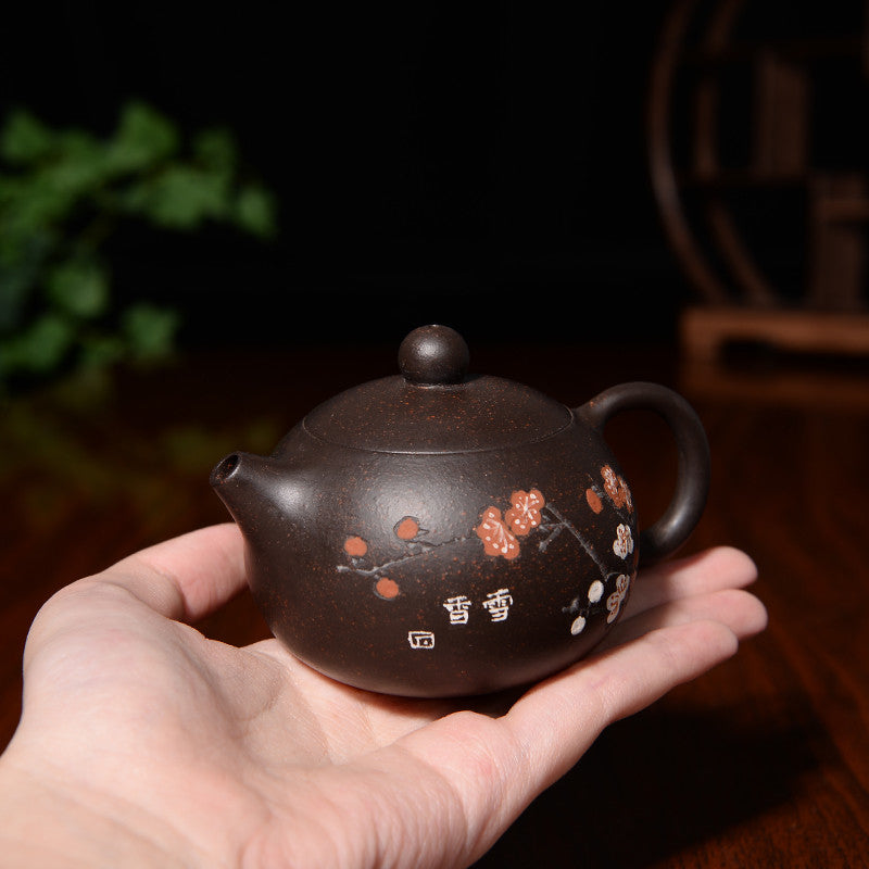 90ml Chinese Yixing Purple Clay Teapot Xishi Pot Floral Carve Kung Fu Tea Set