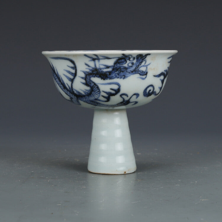 3.7" Chinese Yuan Blue-and-white Porcelain Luck Animal Dragon High Foot Cup
