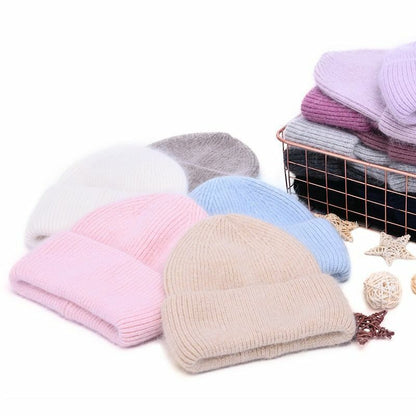 Hat Women Cashmere Knitted Beanies Thick Warm Wool Angora Beanie Polyester Solid