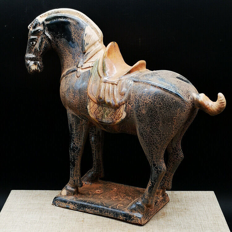 Chinese 8.2 Inch Tang Tri-Color Glazed Ceramics Black War Horse Porcelain Statue