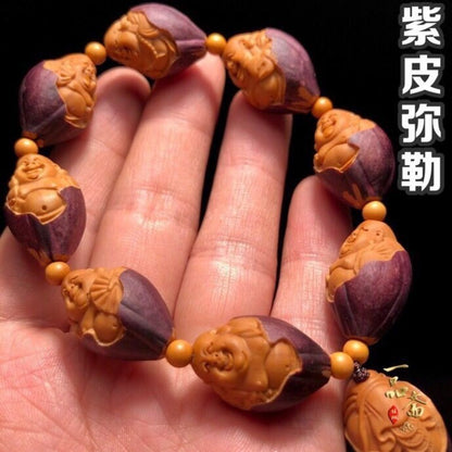 Natural Purple Skin Olive Nut Carved Maitreya Buddha Bracelet Wenwan