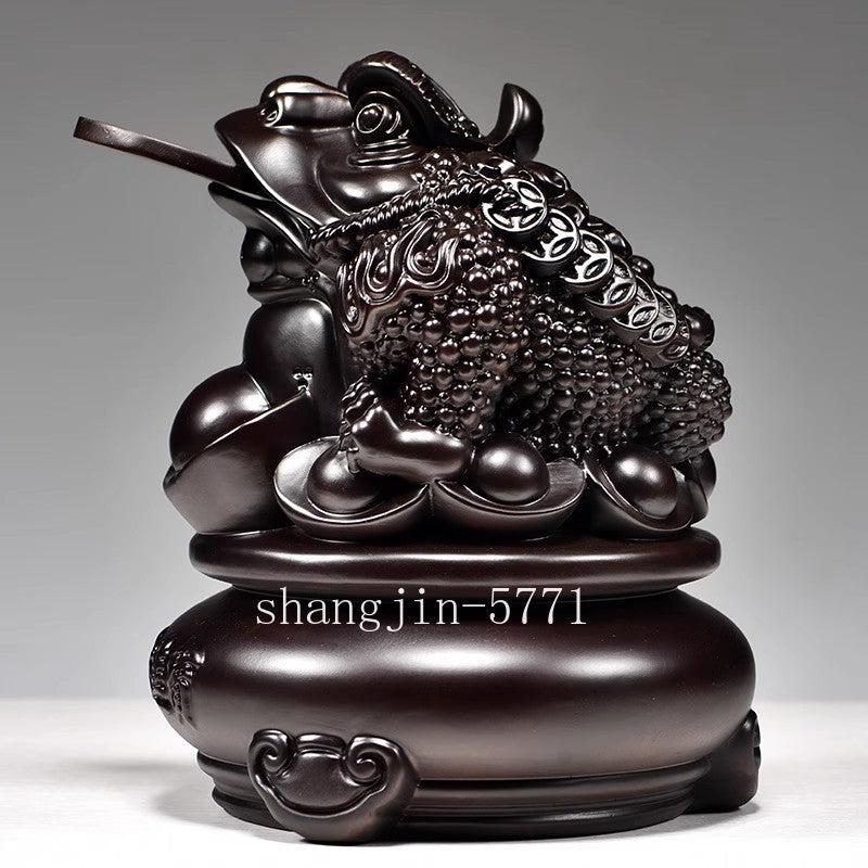 8" Ebony Wood Carved 3 Legged Toad Statue Lucy Frog Ingot Statue Feng Shui Decor