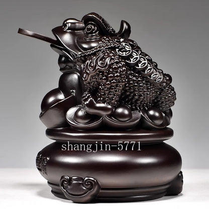 8" Ebony Wood Carved 3 Legged Toad Statue Lucy Frog Ingot Statue Feng Shui Decor
