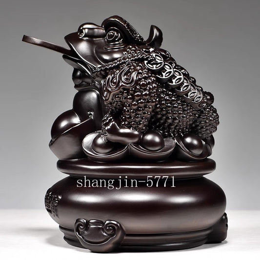 8" Ebony Wood Carved 3 Legged Toad Statue Lucy Frog Ingot Statue Feng Shui Decor