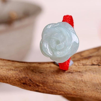 Natural Grade A Jadeite Rose Ring Handmade Red Rope Jade Ring For Women