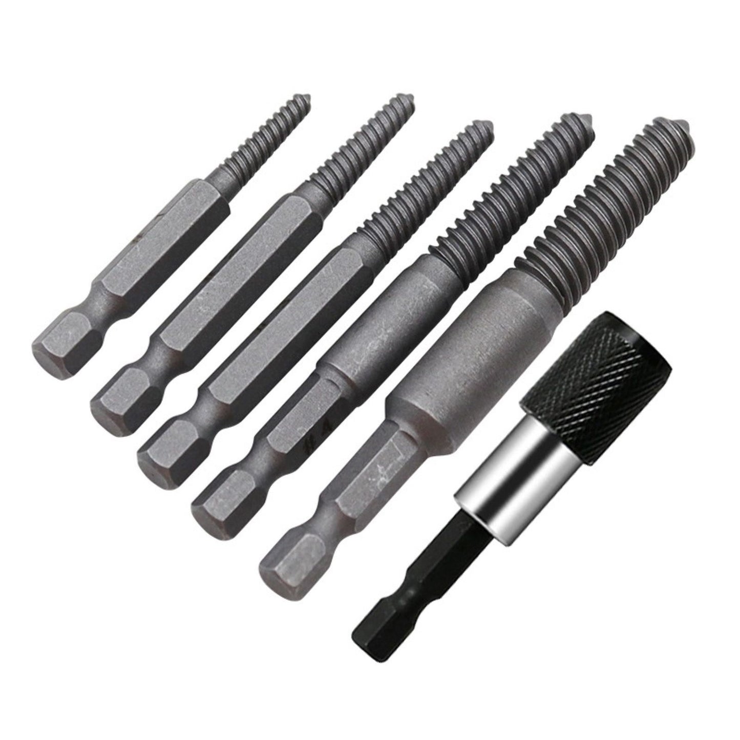 Woodworking hex shank headless screw extractor kit includes 5 different-size