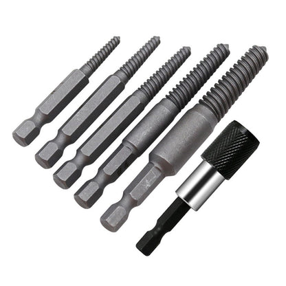 Woodworking hex shank headless screw extractor kit includes 5 different-size