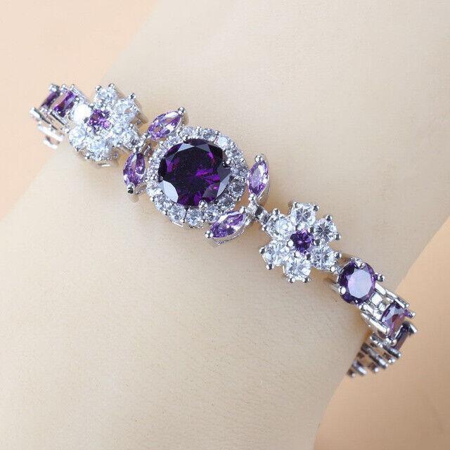 Blue Sapphire White Topaz 925 Sterling Silver Tennis Gemstone Bracelet Jewelry