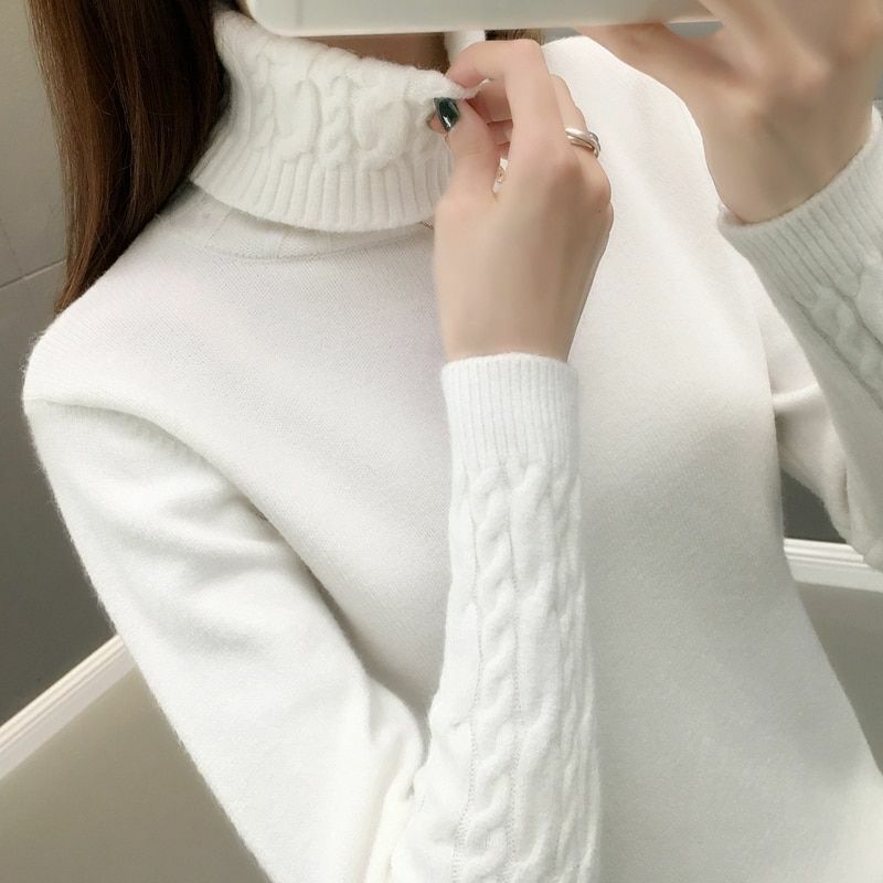Women Sweater Turtleneck Pullovers Long Sleeve Thick Warm Female Khaki White S L