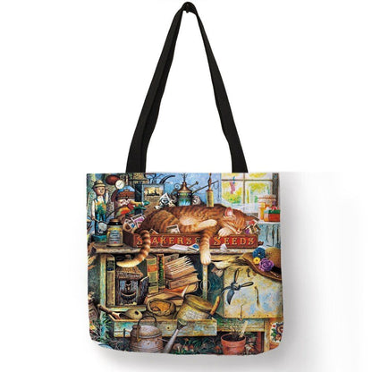 Cat Print Tote Bag Linen Reusable Shopping Bag Oil Painting Shoulder Shopper Bag
