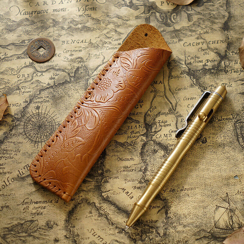Portable Real Leather Pen Protector Bag Holder Pencil Case Handmade Carved Gifts