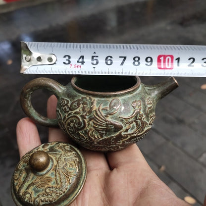 Bronze Collection Antique Brass Dragon Phoenix Wine Pot Teapot Home Tea Ceremony