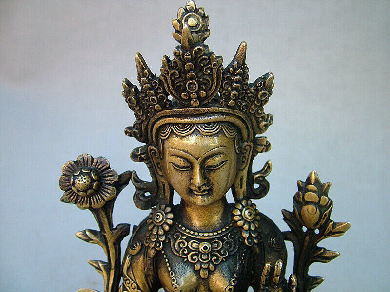9" Tibet Bronze Gilt Green Tara Mahayana Buddhism Enlightenment Goddess Statue