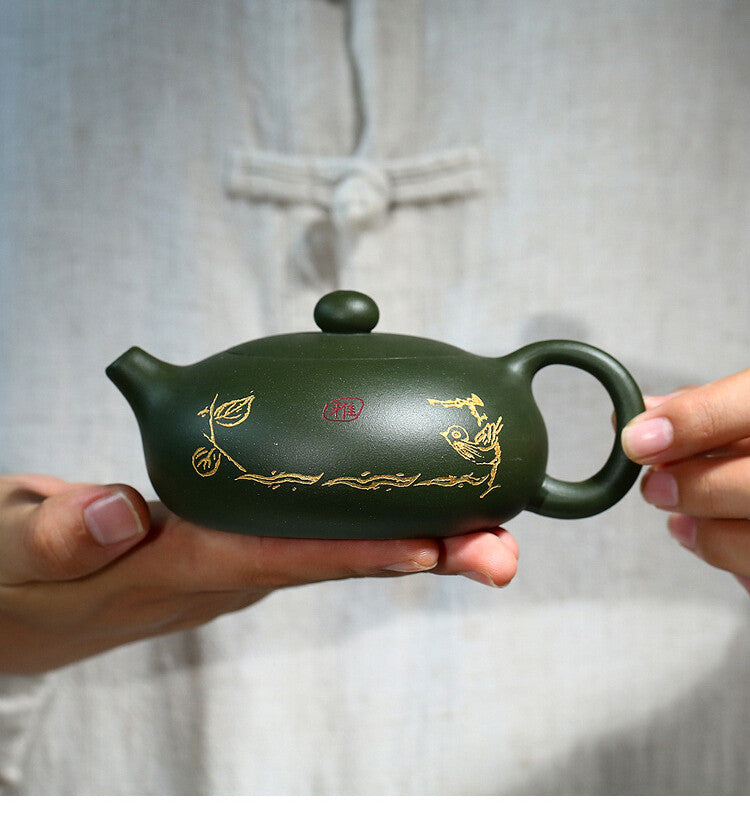 210ml Yixing Zisha Teapot Full Handmade Bian Xishi Green Mud Pattern Tea Pot