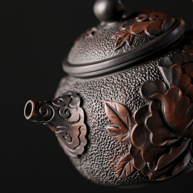 Handmade Carve Peony Flower Blossom Embossed Purple Pottery Tea Pot Marked 6.8oz