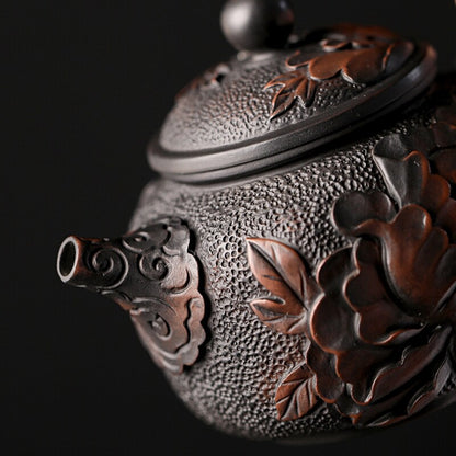 Handmade Carve Peony Flower Blossom Embossed Purple Pottery Tea Pot Marked 6.8oz