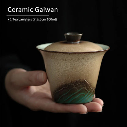 Ceramic Gaiwan Handpainted Green Mountain Tea Tureen for Gongfucha 100ml