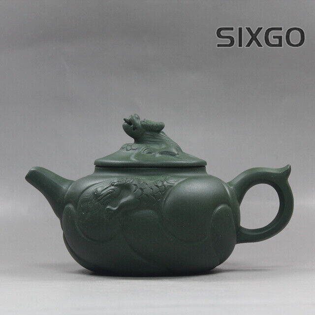 6.6” Collect Chinese Yixing Zisha Pottery Green Clay Handmade Fish Dragon Teapot