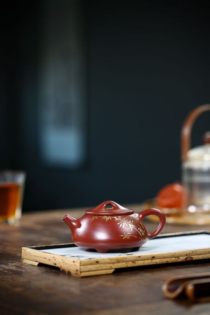 China Yixing Zisha Pottery Clovershrub Clay Handmade 200cc Bamboo Pattern Teapot