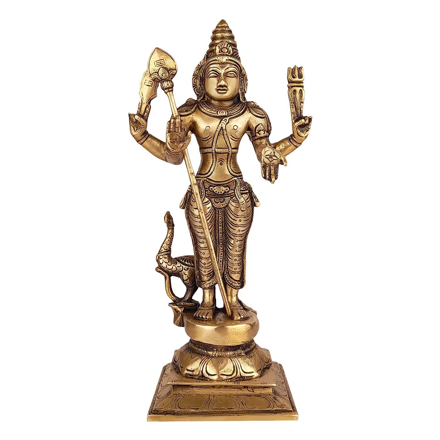 Hindu God Brass Lord Murugan Kartikeya Standing Idol with Peacock Figurine