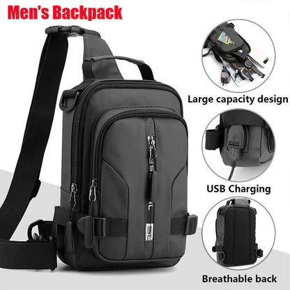 Men's Sling Backpack Waterproof Anti-theft Shoulder Crossbody Chest Bag USB Port