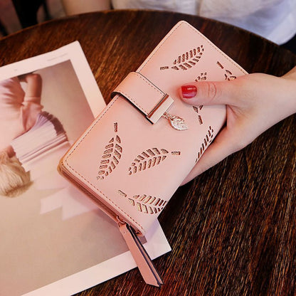 Wallets Hollow Leaf Synthetic Leather Purse Zipper Buckle Wallet Long Cash Bags