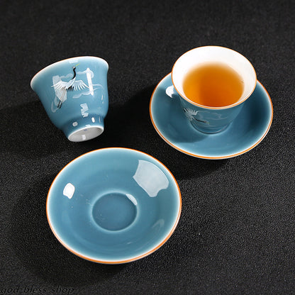 Chinese Tea Cup Crane Print Under Glaze Porcelain Kungfu Cup Of Tea Coaster New