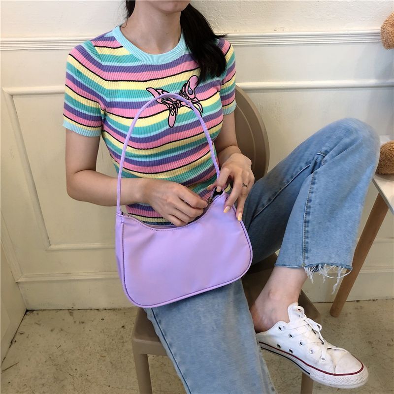Candy Color Hobos Nylon Handbags Small Tote Shoulder Bags Simple Clutch Purses