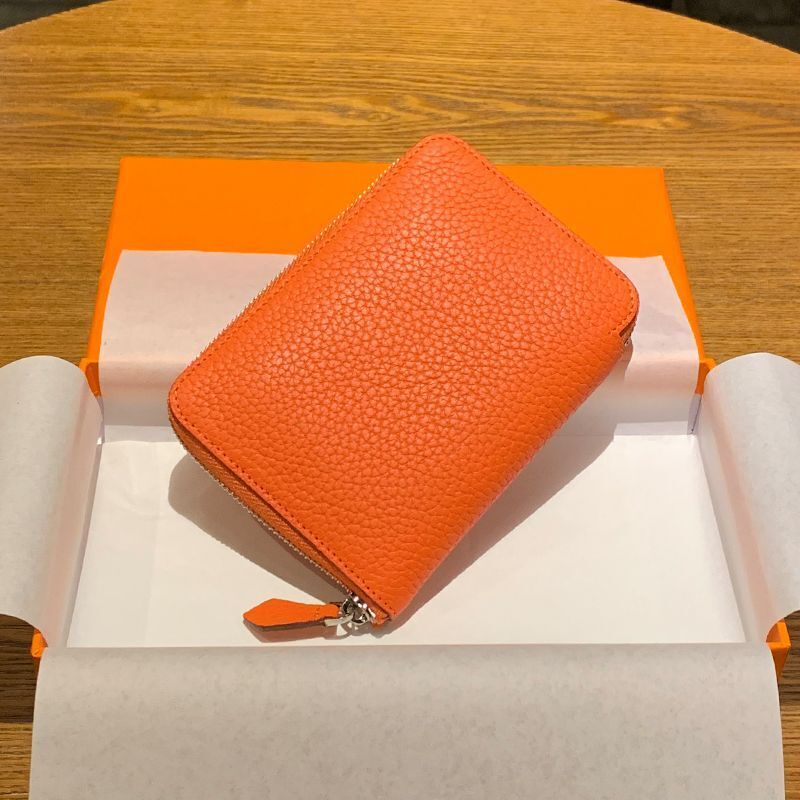 Genuine Leather Coin Bag Zipper Multi Card Pocket Wallets Purses Cotton Orange