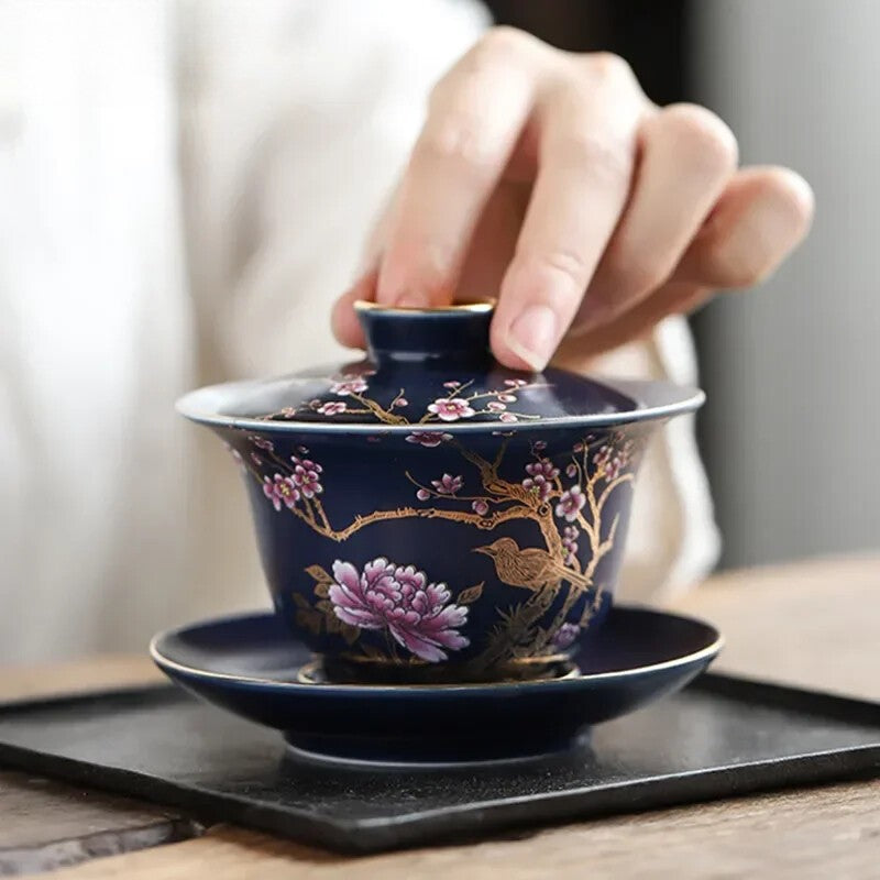 Palace Enamel Ceramic Gaiwan Teacup Hand Painted Flower Pattern Tea Bowl