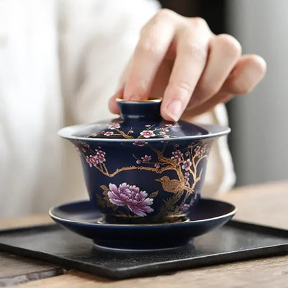 Palace Enamel Ceramic Gaiwan Teacup Hand Painted Flower Pattern Tea Bowl