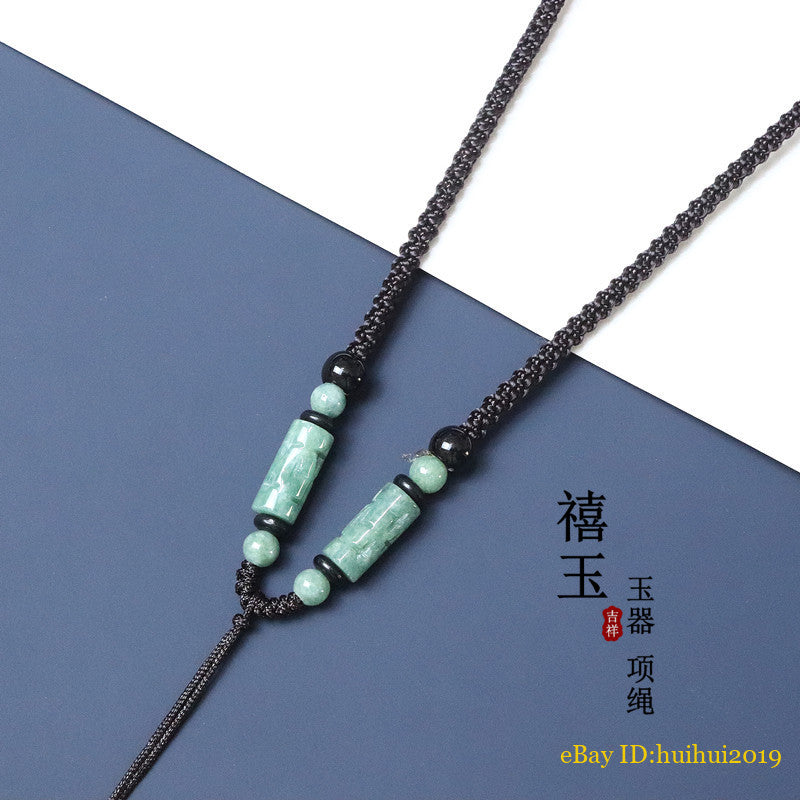 Natural Jade Bead Necklace Jadeite Round Bead Green Flower Tube Cord for Pendant