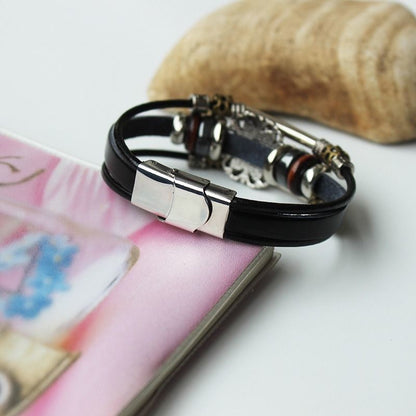 Retro Leather Layered Bracelet Red Stone Skull Mag Clasp Couple Jewelry