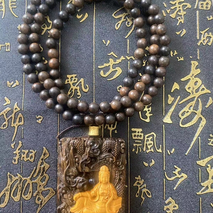 8mm*108 Natural Agarwood Prayer Beads Necklace Kwan-yin Buddha Statue Pandent