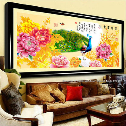 DIY 5D Peacock Peony Flowers Round Diamond Painting Kits Cross Stitch Home Decor