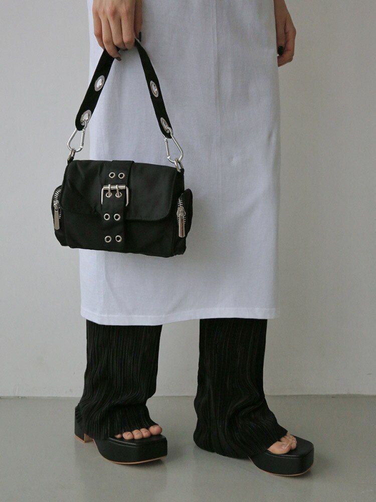 Nylon Women Bags Fashion Rivet Shoulder Bag Handbag Small Underarm Black 34*20*7