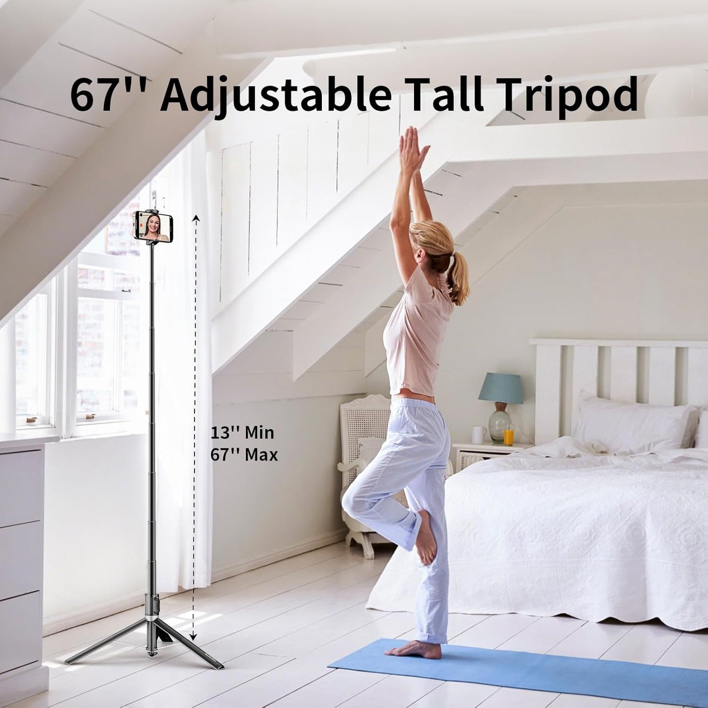 67'' Automatic Phone Tripod, Auto-Open Selfie Stick for Iphone with Remote, 360°
