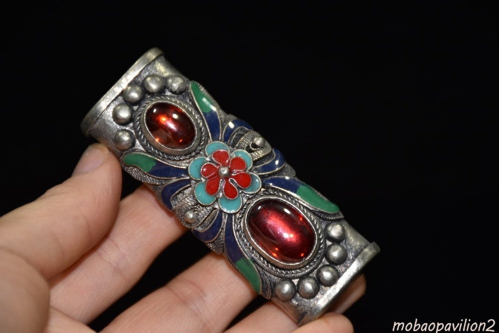 Ornament Vintage White Copper Cloisonne Inlaid Ruby Lighter Case