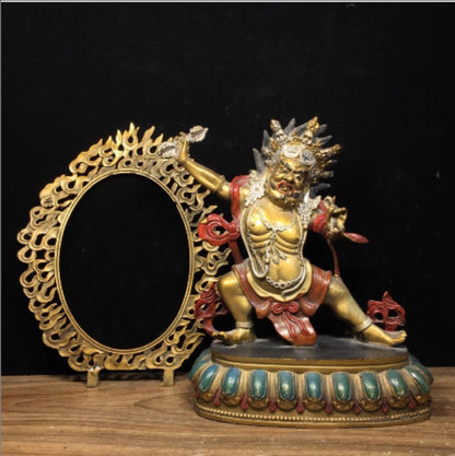 Old Tibet Bronze Painting Buddhism Vajrapani Chana Dorje Mahakala Buddha Statue