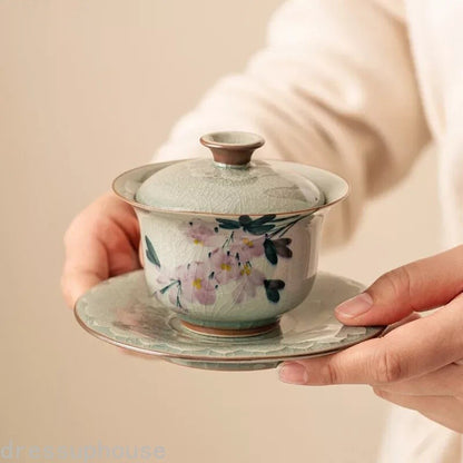 180ml Chinese High-end Hand Painted Magnolia Flowers Ceramic Gaiwan Teaware