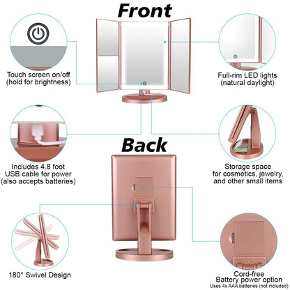 Makeup 3 Panel Vanity Mirror with LED Lights, 1x 2x 3x Magnification, Dimmable