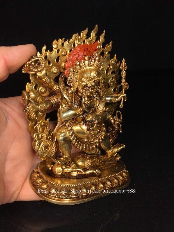 4.9" Old Tibet Buddhism Bronze Gilt 6 Arms Mahakala Wrathful Deity Buddha Statue
