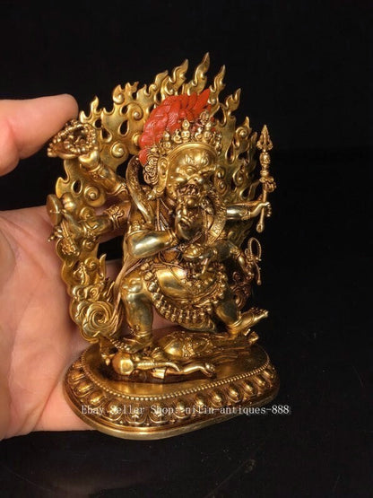 4.9" Old Tibet Buddhism Bronze Gilt 6 Arms Mahakala Wrathful Deity Buddha Statue